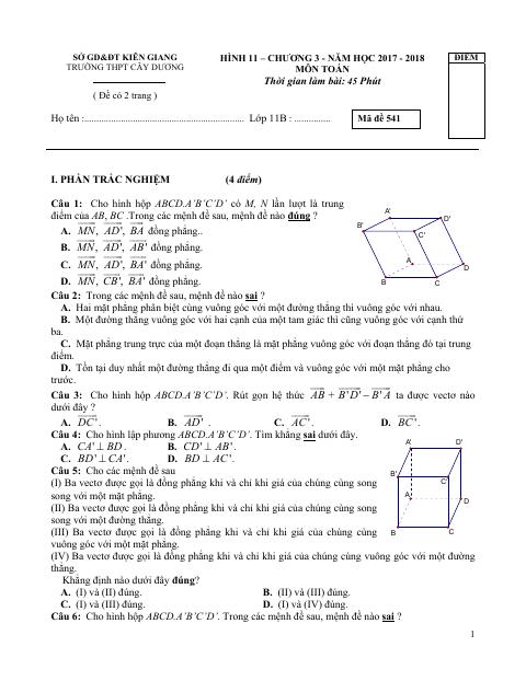 Đề kiểm tra Hình học 11 chương 3 năm 2017 – 2018 trường THPT Cây Dương – Kiên Giang